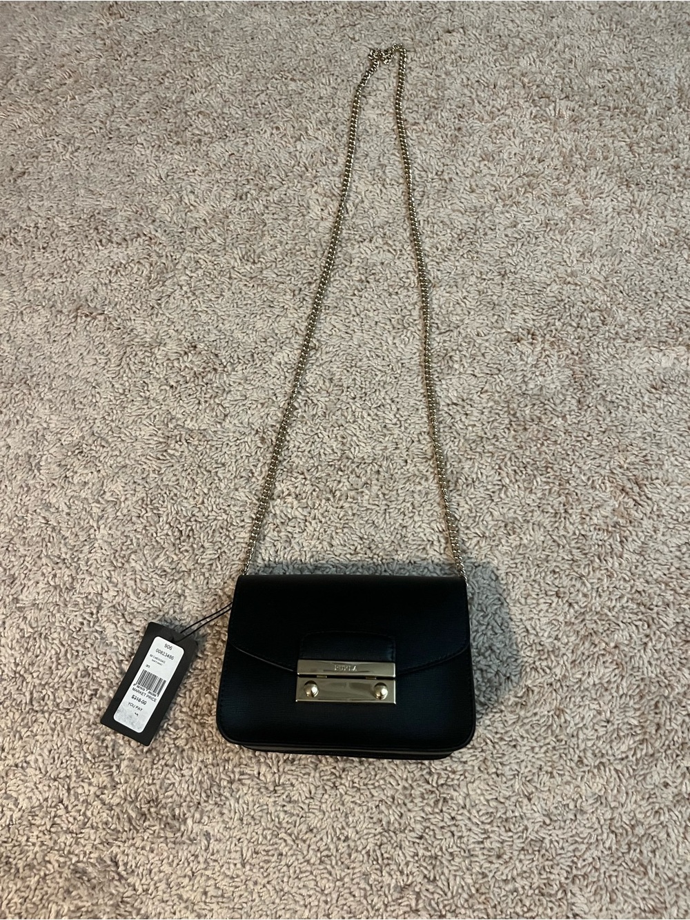 Furla Black Leather Crossbody with Gold Chain